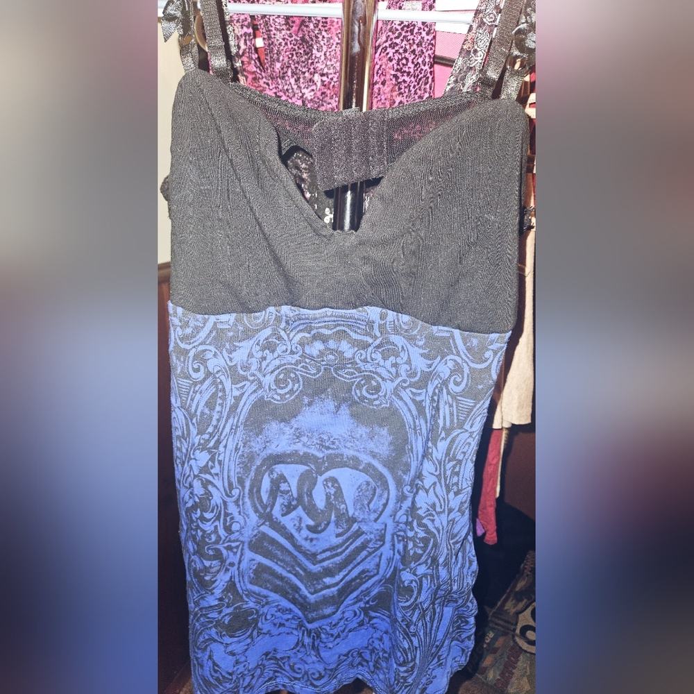Women's Blue and black bra strap adjustable tank with cute back opening.